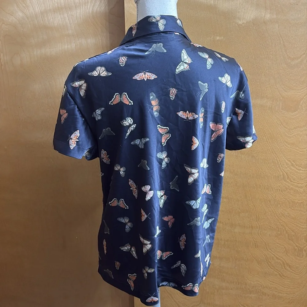 Honeydew Blue Butterfly Satin Like Pajama Top Button Down Size XS